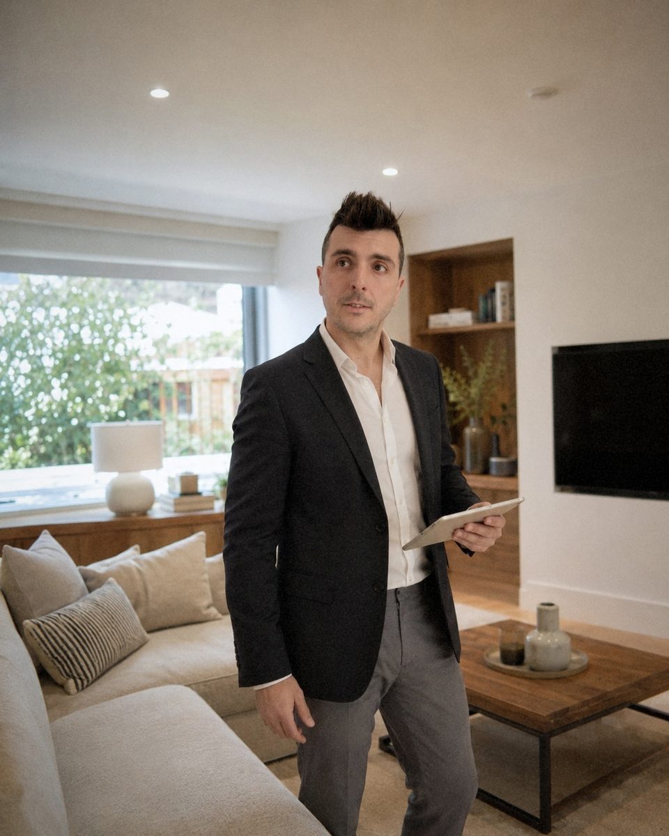 Luis Castro enseñando un piso con la tableta en la mano